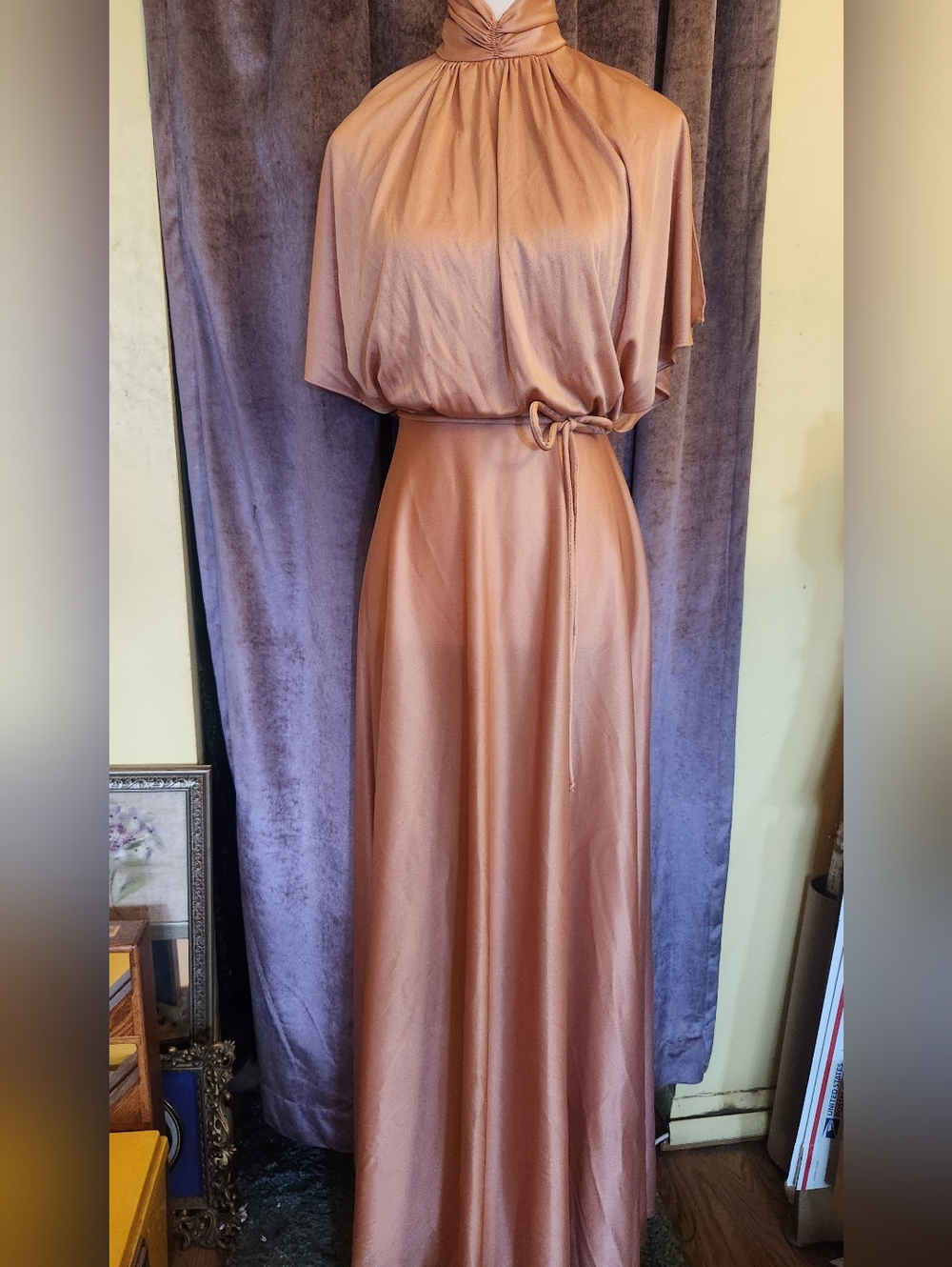 70's disco era, peachy copper maxi dress.